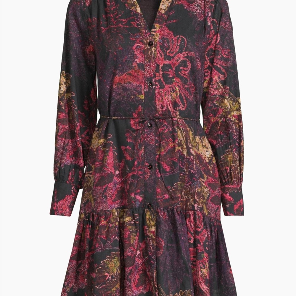 Elegant Floral Long Sleeve Dress - Black and Pink